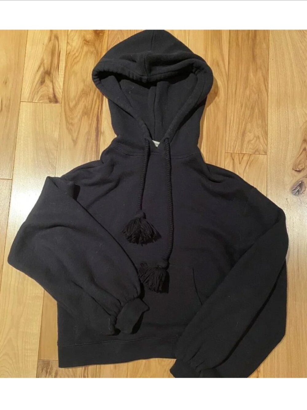 Ulla Johnson Mel Tassel Pullover Cropped Hoodie Black 100% Cotton Pocket S P